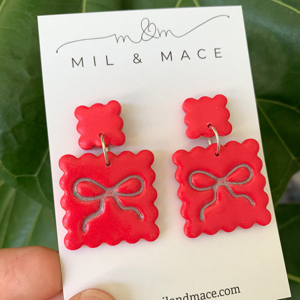 Bow Square Earrings Polymer Clay Dangle Earrings