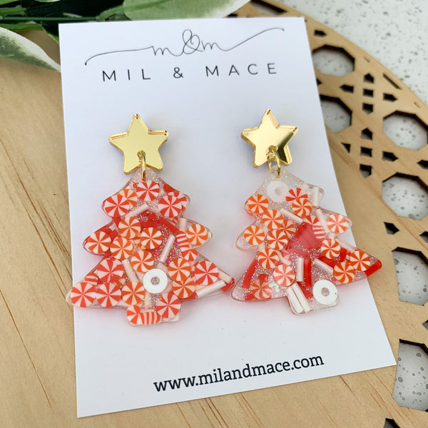 Candy Cane Christmas Tree Resin Dangle Earrings