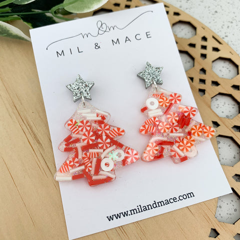 Candy Cane Christmas Tree Resin Dangle Earrings