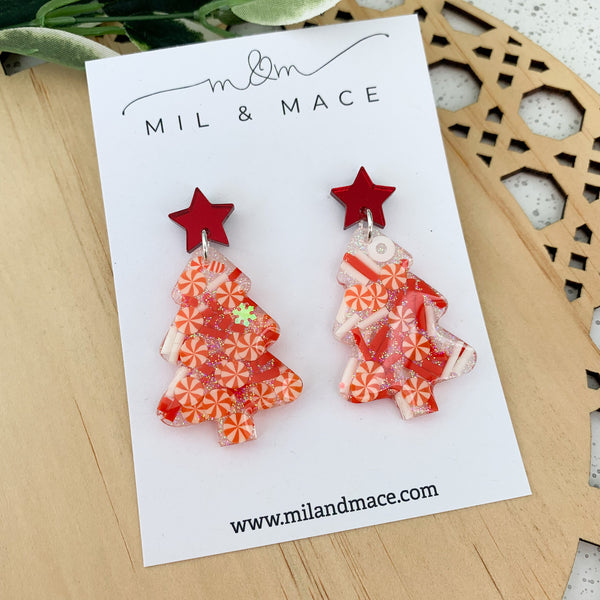 Candy Cane Christmas Tree Resin Dangle Earrings