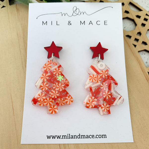 Candy Cane Christmas Tree Resin Dangle Earrings