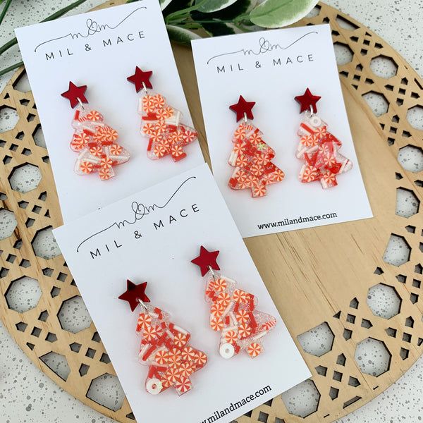 Candy Cane Christmas Tree Resin Dangle Earrings