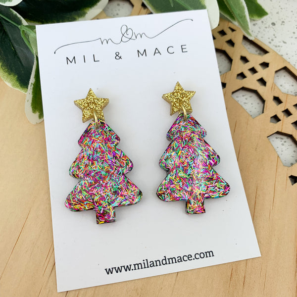 Christmas Tree Tinsel Glitter Resin Dangle Earrings