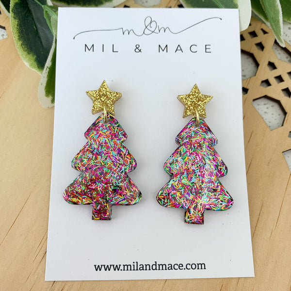 Christmas Tree Tinsel Glitter Resin Dangle Earrings