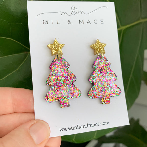 Christmas Tree Tinsel Glitter Resin Dangle Earrings