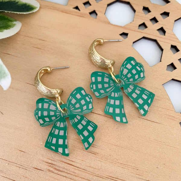 Green Checker Bow Dangle  Earrings