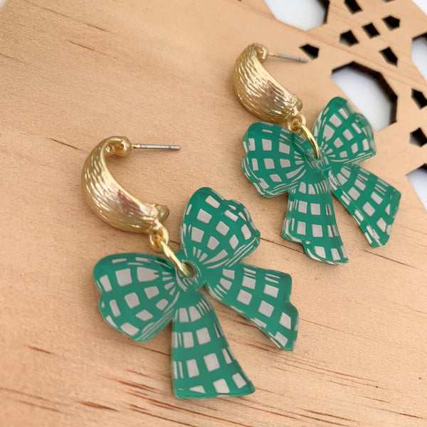Green Checker Bow Dangle  Earrings