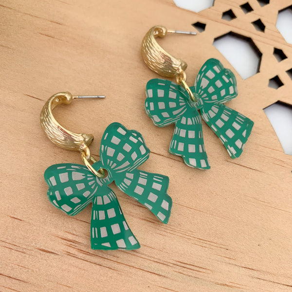 Green Checker Bow Dangle  Earrings