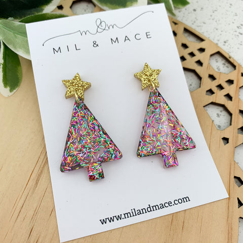 Christmas Tree Tinsel Glitter with pink background Resin Dangle Earrings