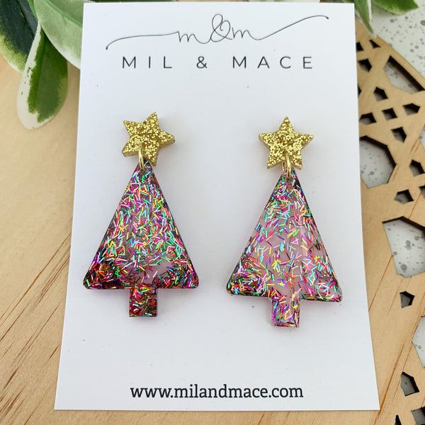 Christmas Tree Tinsel Glitter with pink background Resin Dangle Earrings