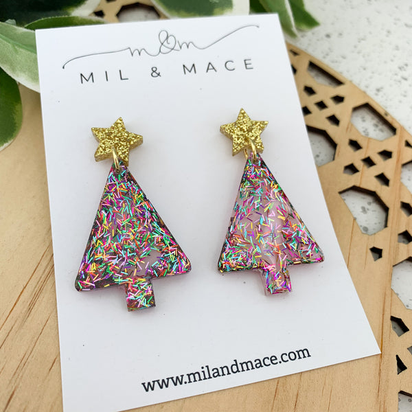 Christmas Tree Tinsel Glitter with pink background Resin Dangle Earrings