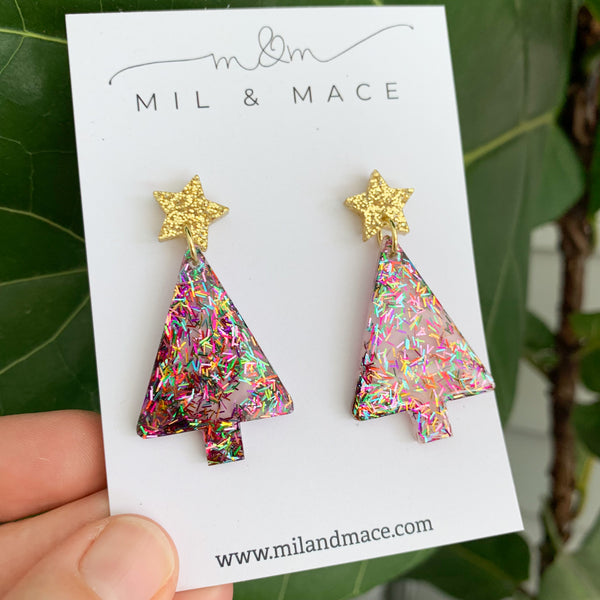 Christmas Tree Tinsel Glitter with pink background Resin Dangle Earrings