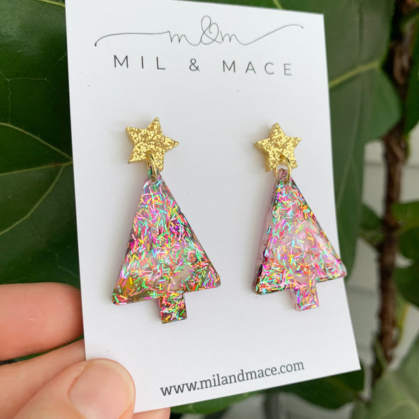 Christmas Tree Tinsel Glitter with pink background Resin Dangle Earrings