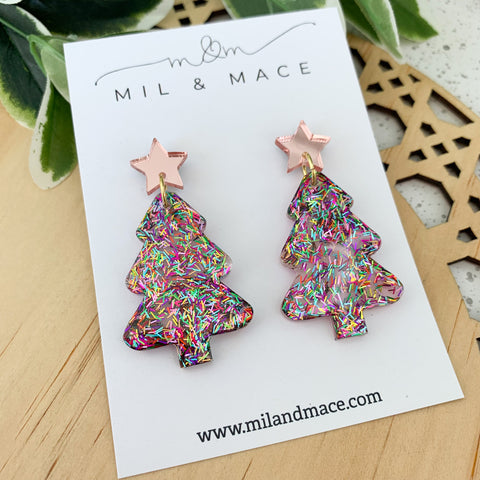 Christmas Tree Tinsel Glitter with pink background Resin Dangle Earrings