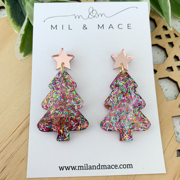 Christmas Tree Tinsel Glitter with pink background Resin Dangle Earrings