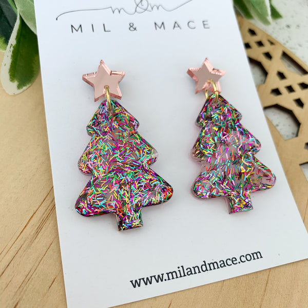 Christmas Tree Tinsel Glitter with pink background Resin Dangle Earrings