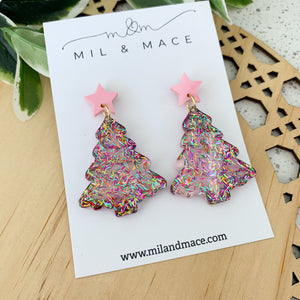 Christmas Tree Tinsel Glitter with pink background Resin Dangle Earrings