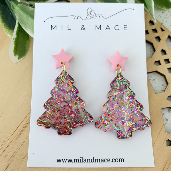 Christmas Tree Tinsel Glitter with pink background Resin Dangle Earrings