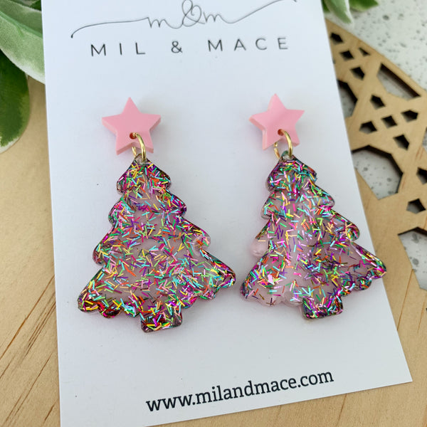 Christmas Tree Tinsel Glitter with pink background Resin Dangle Earrings