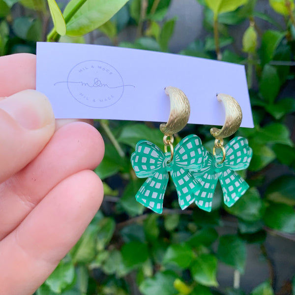 Green Checker Bow Dangle  Earrings
