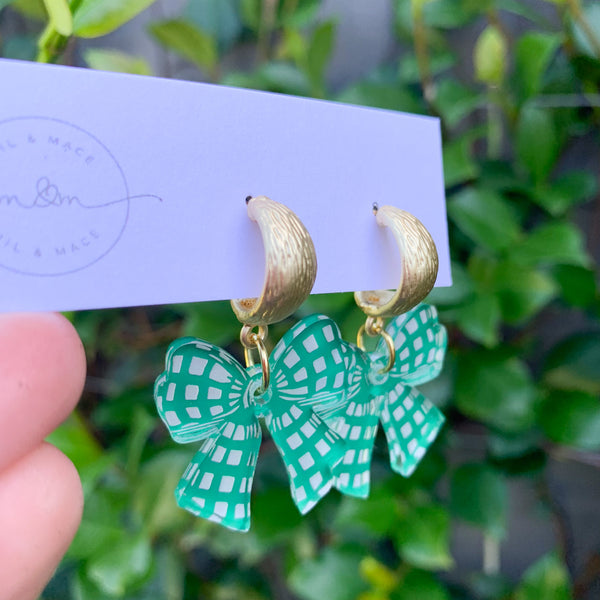 Green Checker Bow Dangle  Earrings