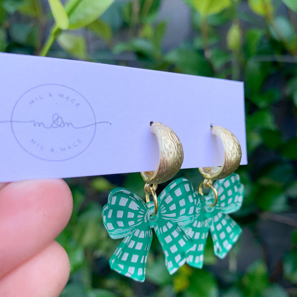 Green Checker Bow Dangle  Earrings