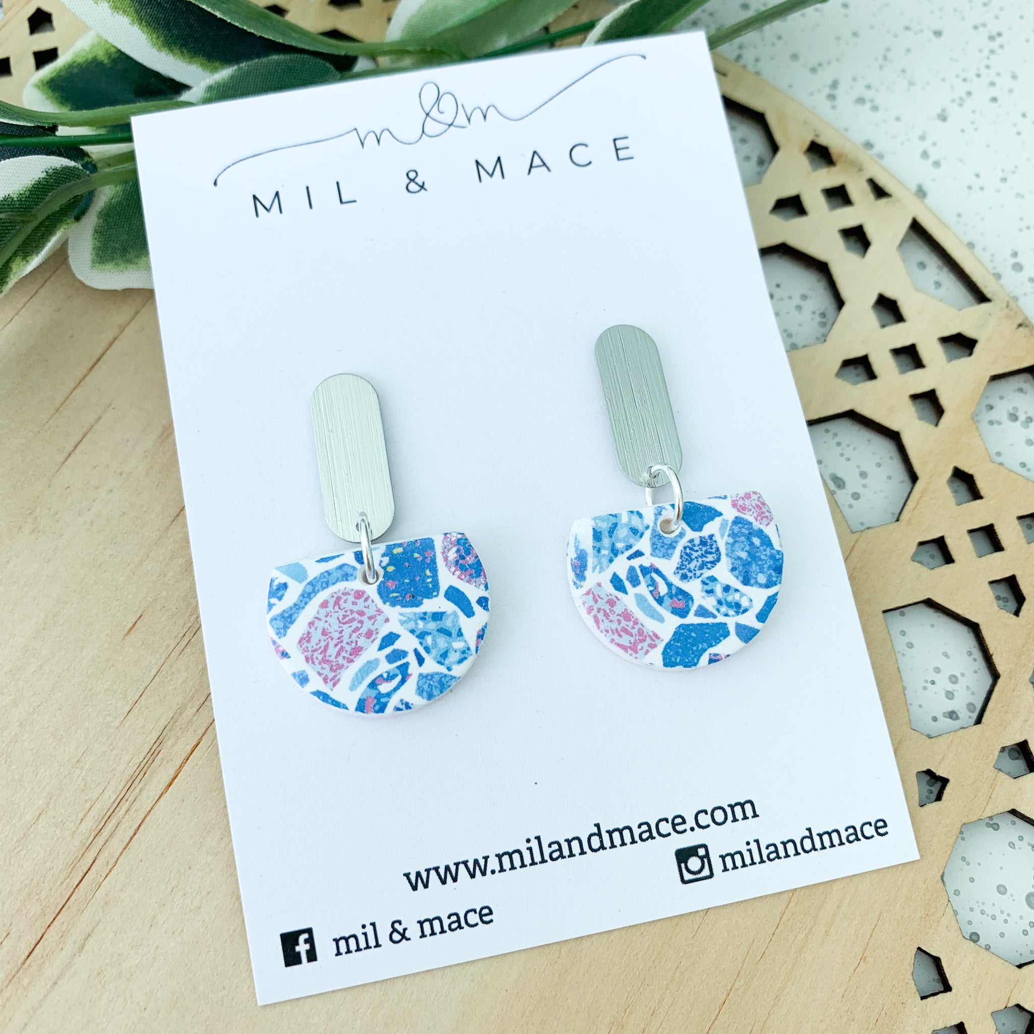 Pink and Blue Terrazzo Polymer Clay Dangle Earrings