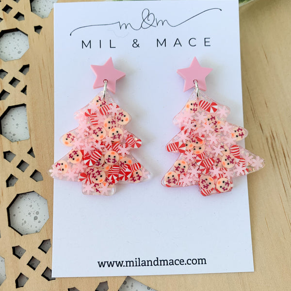 Christmas Tree Pink Snowflake Resin Dangle Earrings