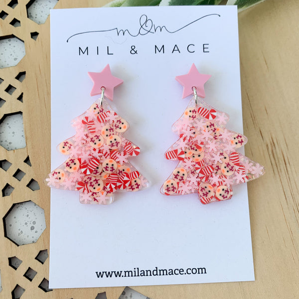 Christmas Tree Pink Snowflake Resin Dangle Earrings