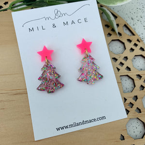 Christmas Tree Tinsel Glitter Resin Dangle Earrings