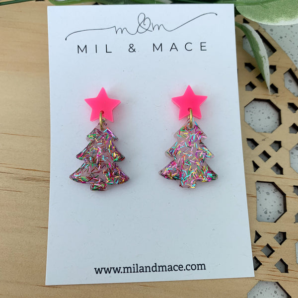 Christmas Tree Tinsel Glitter Resin Dangle Earrings