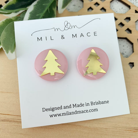 Christmas Tree Pale Pink Resin Stud Earrings