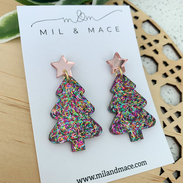 Christmas Tree Tinsel Glitter Resin Dangle Earrings