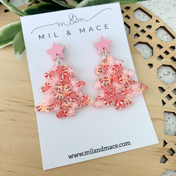 Christmas Tree Pink Snowflake Resin Dangle Earrings