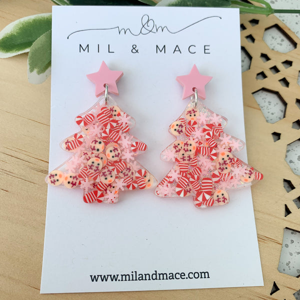 Christmas Tree Pink Snowflake Resin Dangle Earrings