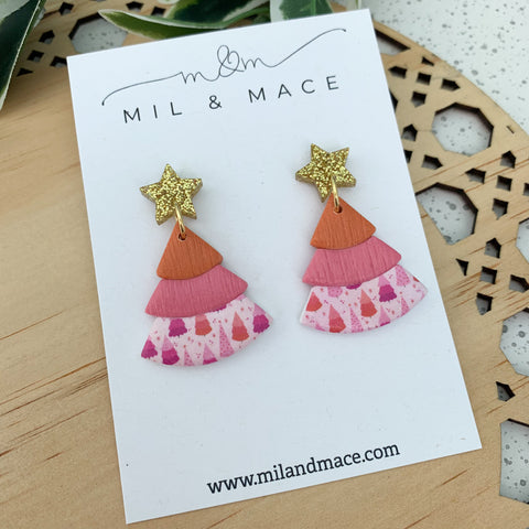 Layered Orange and Pink Christmas Trees  Polymer Clay Dangle Earrings