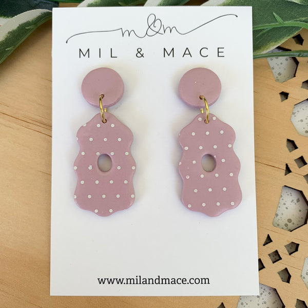 Purple and White Polkadot Polymer Clay Dangle Earrings