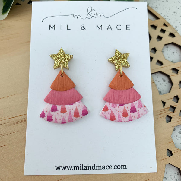 Layered Orange and Pink Christmas Trees  Polymer Clay Dangle Earrings