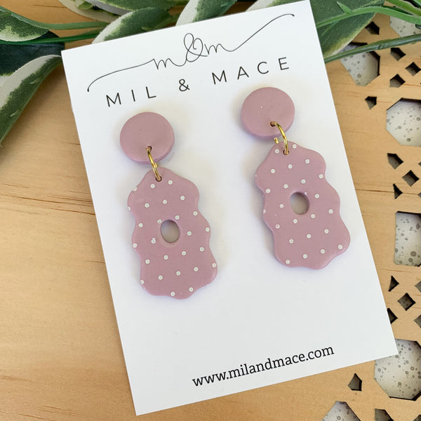 Purple and White Polkadot Polymer Clay Dangle Earrings