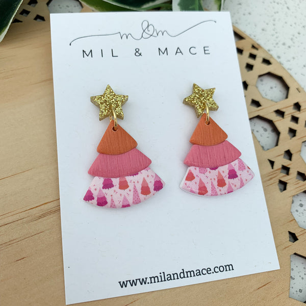 Layered Orange and Pink Christmas Trees  Polymer Clay Dangle Earrings