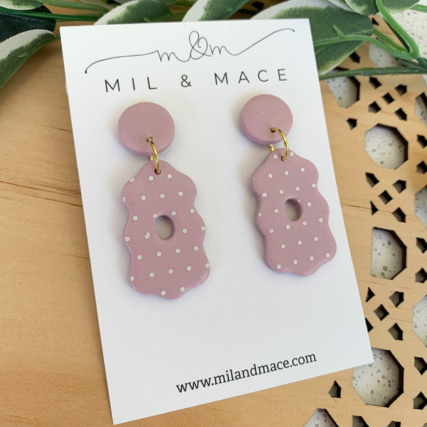 Purple and White Polkadot Polymer Clay Dangle Earrings