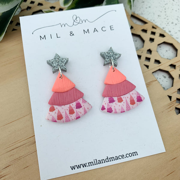 Layered Coral and Pink Christmas Trees  Polymer Clay Dangle Earrings