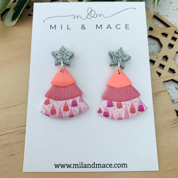 Layered Coral and Pink Christmas Trees  Polymer Clay Dangle Earrings