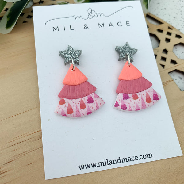 Layered Coral and Pink Christmas Trees  Polymer Clay Dangle Earrings