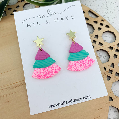 Layered Purple, Pink and Teal Christmas Trees  Polymer Clay Dangle Earrings