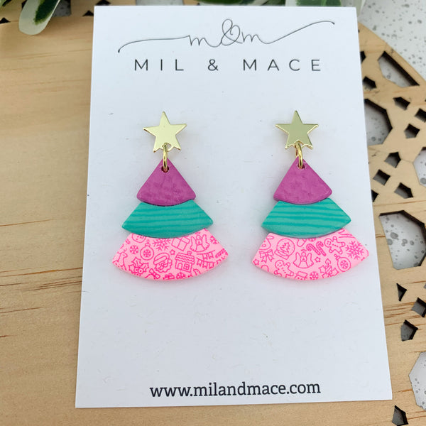 Layered Purple, Pink and Teal Christmas Trees  Polymer Clay Dangle Earrings