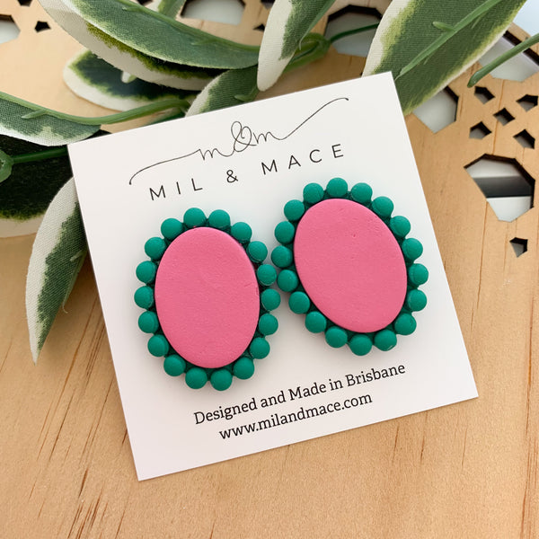 Green and Pink Polymer Clay Stud Earrings