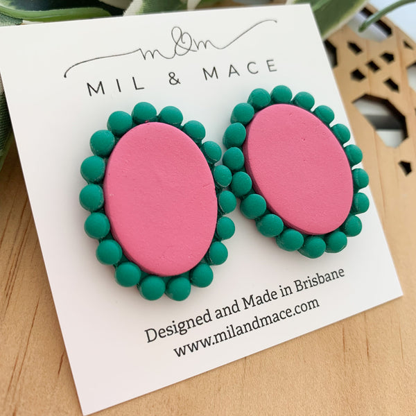 Green and Pink Polymer Clay Stud Earrings