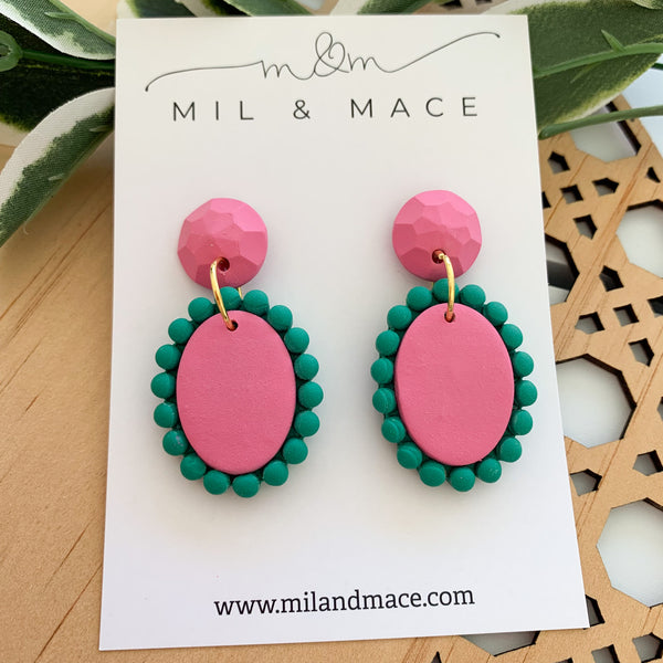 Pink and Green Polymer Clay Dangle Earrings