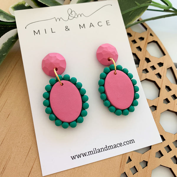 Pink and Green Polymer Clay Dangle Earrings